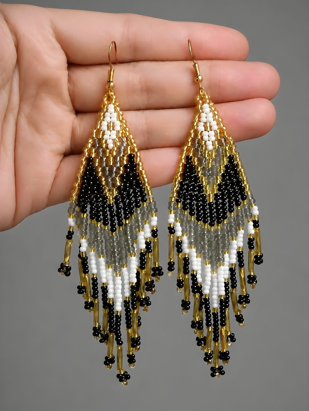 Handmade Brie Geo Boho Earrings Beaded Fringe Southwestern Jewelry - Black
